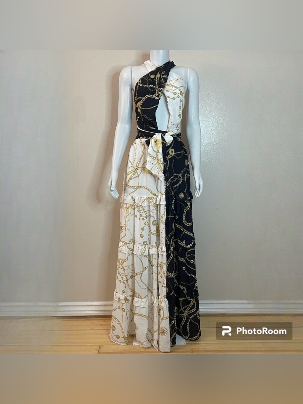 NWT L’atiste Asymmetrical Black & White Chain-Print Maxi Dress